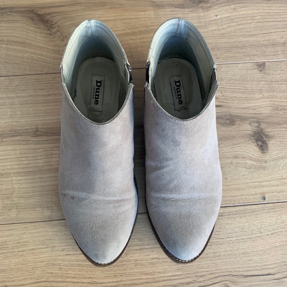 Dune London Penelope beige suede booties